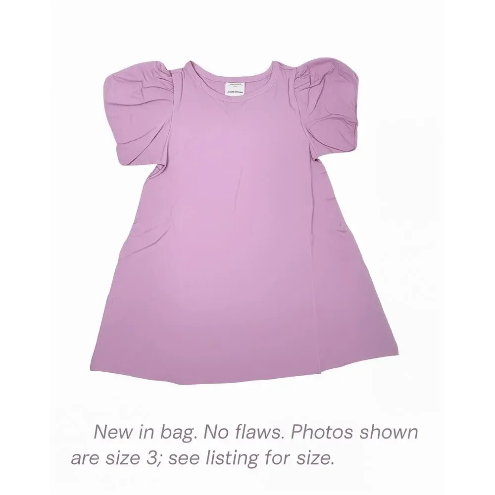 Hanna Andersson Girls Bubble Sleeve Dress Size 6/7 Pink Lilac NWT Cotton Pockets